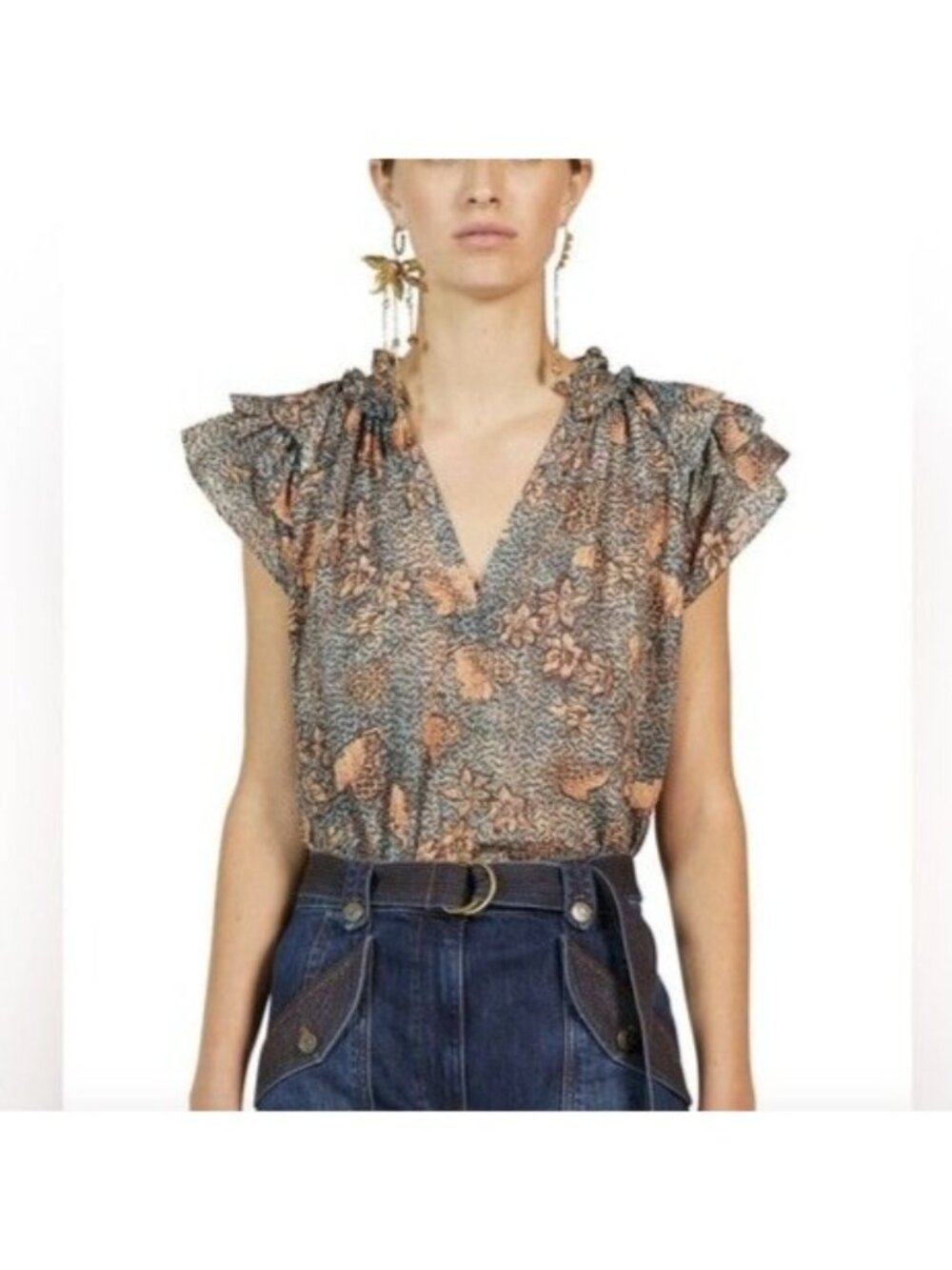 Ulla Johnson Womens Size 6 Alva Top Aegean Floral V-Neck Ruffle Sleeve Blouse